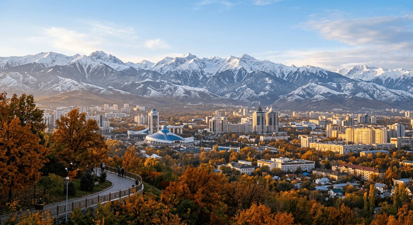 Almaty city with snow-capped Tian Shan mountains behind