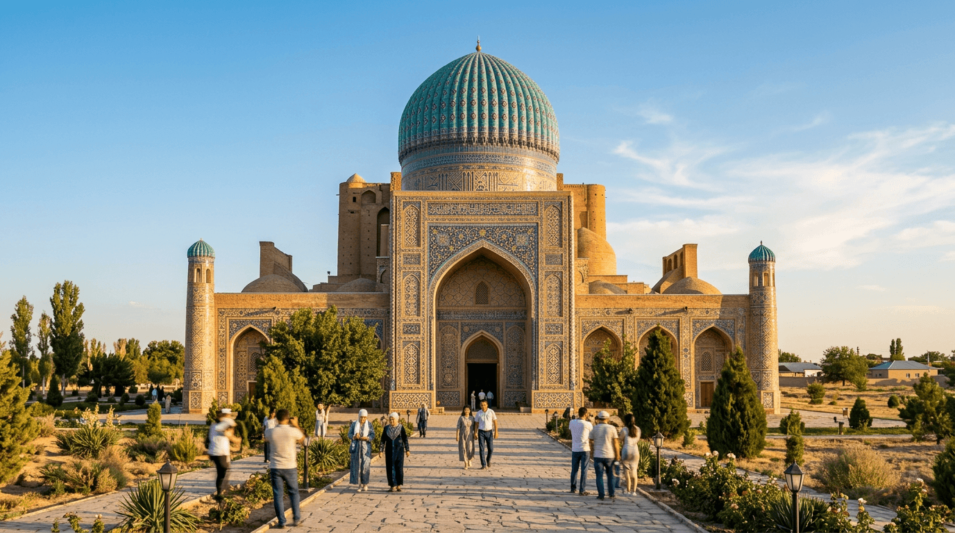 Historic turquoise-domed mausoleum in Turkestan, Kazakhstan